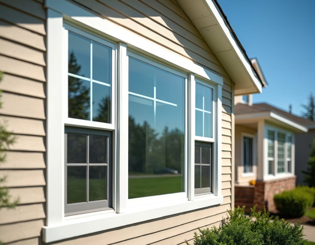 Modern house exterior with energy-efficient windows and siding. New construction residential home with vinyl windows and siding