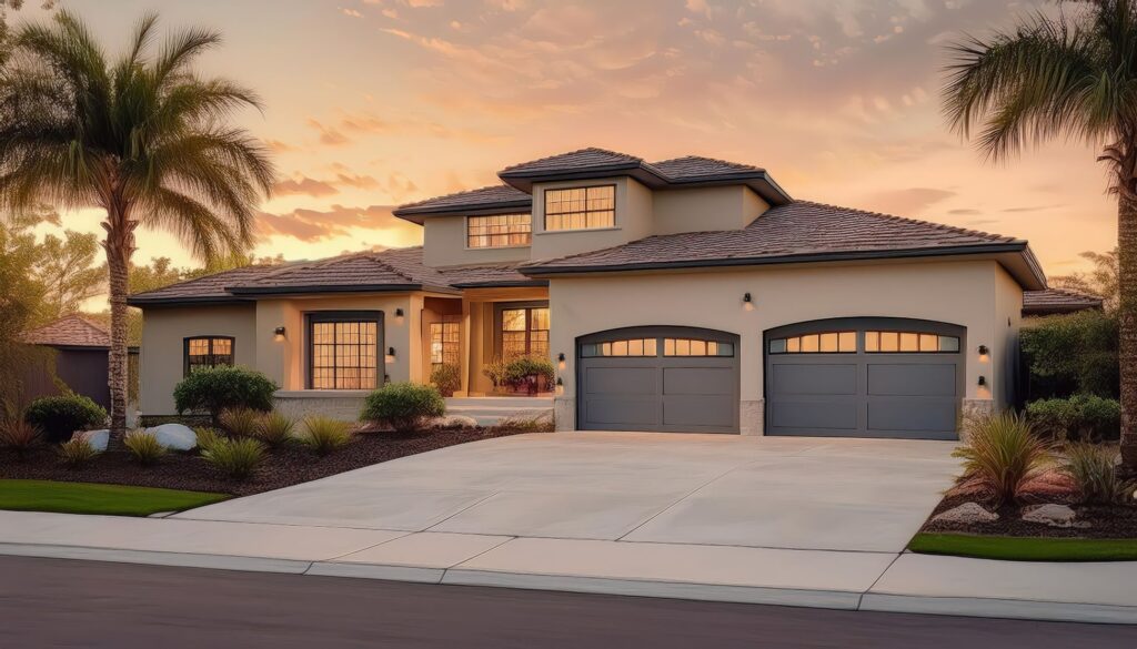 Charming Residence in Florida with Stunning Sunset Backdrop, Showcasing Three Garage Doors and Vibrant Landscaping