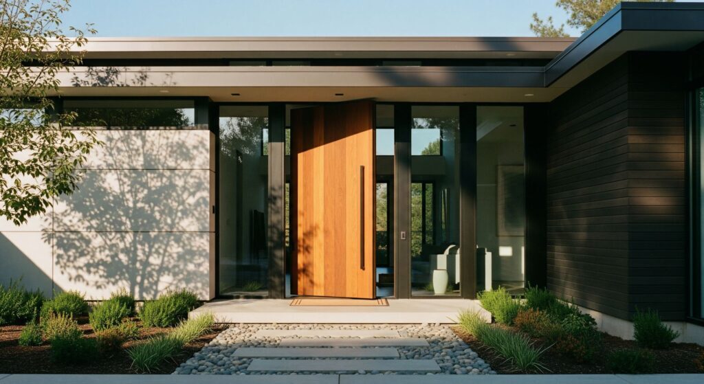 Modern Wooden Door Entrance to a Contemporary Home with Large Windows