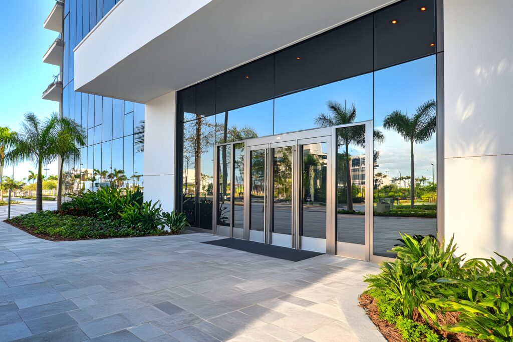 Modern glass building entrance exterior with automatic sliding doors, tropical landscape with palm trees, corporate office architecture