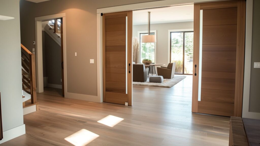 Pocket doors that slide into the wall to save space in the entryway