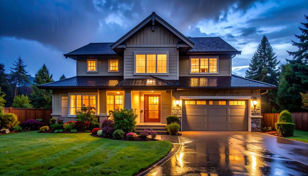 Two-story house with lit windows and garage, set against a stormy sky and manicured lawn, after a rain