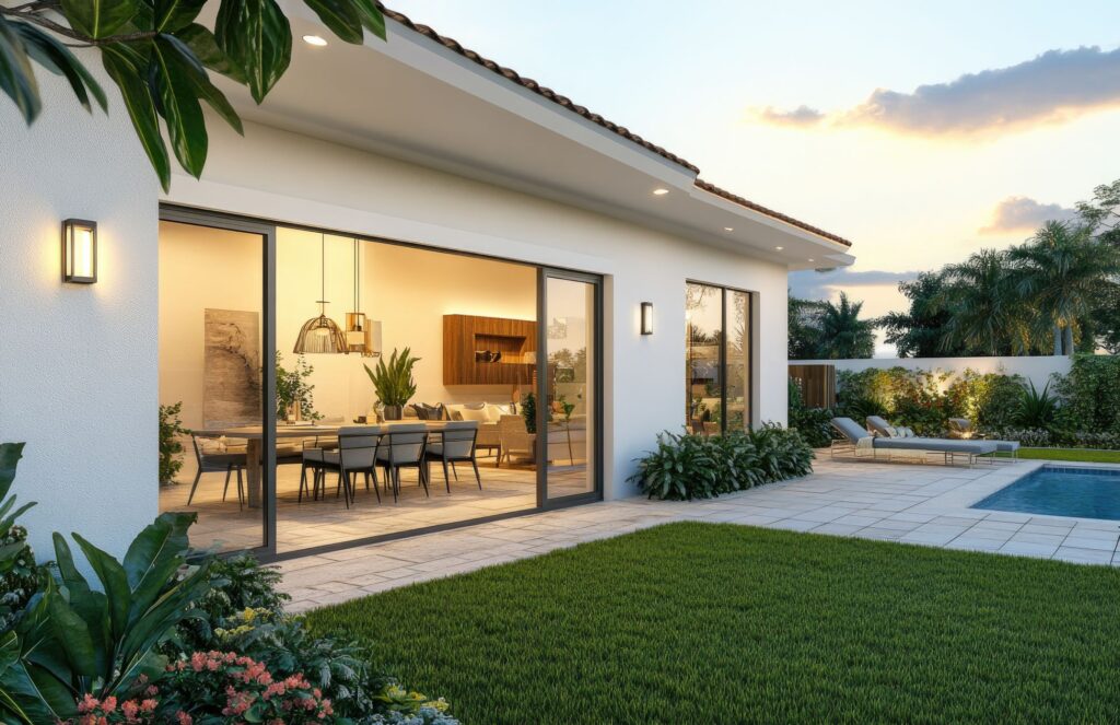 A modern home in South Florida with white stucco walls, large windows, and sliding glass doors leading to an outdoor patio area
